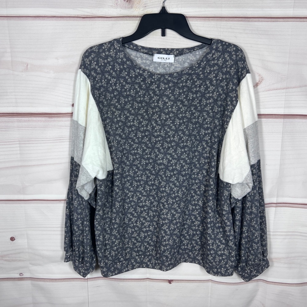 Gilli Pullover Top Women Large Gray Floral Colorblock Long Sleeve Soft Knit Boho